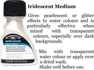 Iridescent Medium   Gives pearlescent or glitter effects to water colours and is particularly effective when mixed with transparent colours, especially over dark backgrounds.  Mix with transparent water colour or apply over a dried wash.  Shake well before use.