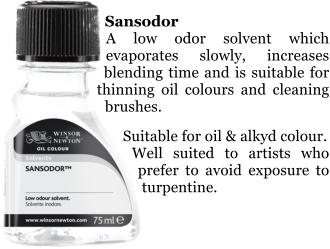 Sansodor A low odor solvent which evaporates slowly, increases blending time and is suitable for thinning oil colours and cleaning brushes.  Suitable for oil & alkyd colour. Well suited to artists who prefer to avoid exposure to turpentine.