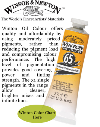 Winton Oil Colour offers quality and affordability by using moderately priced pigments, rather than reducing the pigment load and compromising colour performance. The high level of pigmentation provides good covering power and tinting strength. The 31 single pigments in the range allow cleaner, brighter mixes and infinite hues.  Winton Color Chart Here