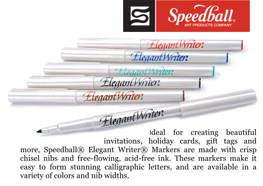 Ideal for creating beautiful invitations, holiday cards, gift tags and more, Speedball® Elegant Writer® Markers are made with crisp chisel nibs and free-flowing, acid-free ink. These markers make it easy to form stunning calligraphic letters, and are available in a variety of colors and nib widths.