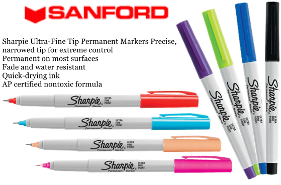 Sharpie Ultra-Fine Tip Permanent Markers Precise, narrowed tip for extreme control  Permanent on most surfaces Fade and water resistant  Quick-drying ink AP certified nontoxic formula