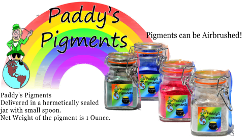 Paddy's Pigments Delivered in a hermetically sealed jar with small spoon. Net Weight of the pigment is 1 Ounce. Pigments can be Airbrushed!